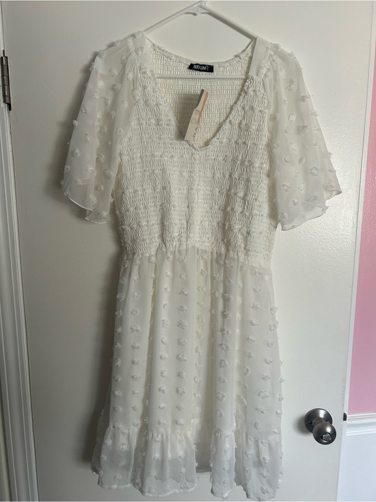 BTFBM Dresses & Skirts - Flowy White Swiss-Dot Smocked Mini Dress